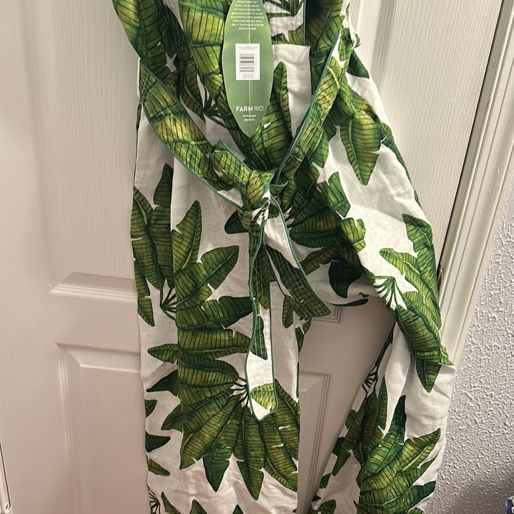 FARM Rio Tropical Green Leaf Jumpsuit, Palm Fan Linen Wide-Leg Has 2 side pocket - Picture 6 of 12